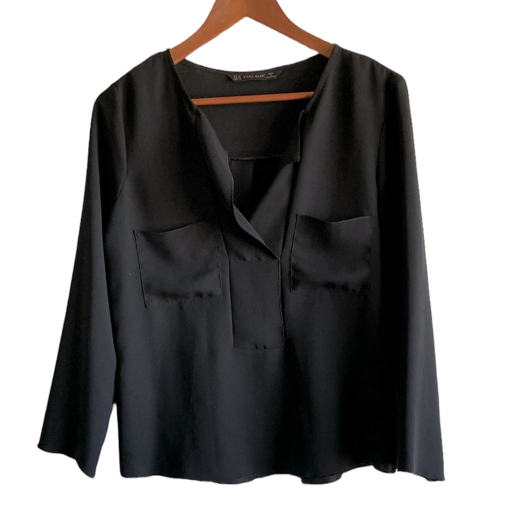 Zara Silky Long Sleeve Blouse Open Neck Line Black Medium Women's
